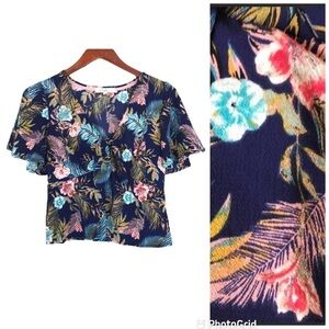Rewind Tropical Floral Crop Top  Navy Blue Tie Front Flowy Short Sleeve Boho